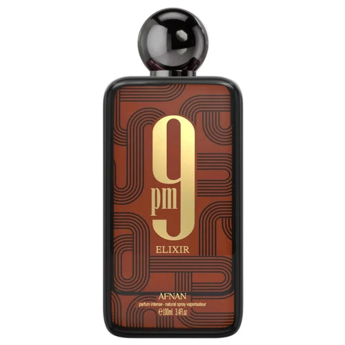 Afnan 9 PM Elixir Parfum Intense 100ml unisex bottle in brown and gold