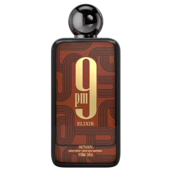 Afnan 9 PM Elixir Parfum Intense 100ml unisex bottle in brown and gold