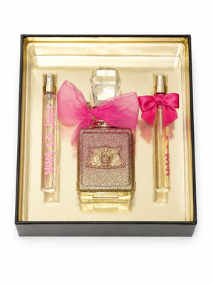 Open Viva La Juicy Rose deluxe set showing 50ml bottle and two 10ml travel sprays